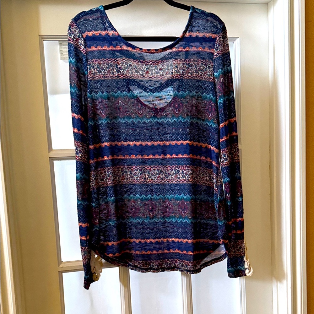 Signature Studio Blue and Orange Accented Patterned Long Sleeve Lace Accent Top